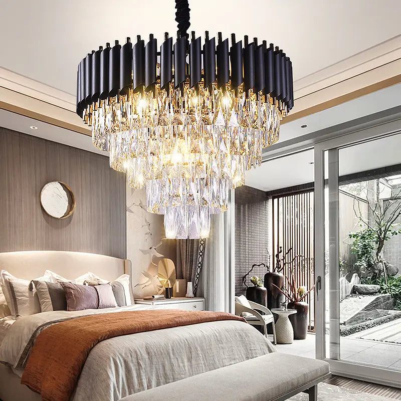 Nordic Modern Light Luxury Crystal Chandelier Hotel Living Room Restaurant Black Copper Round Lamp Holder Led Modern Chandelier