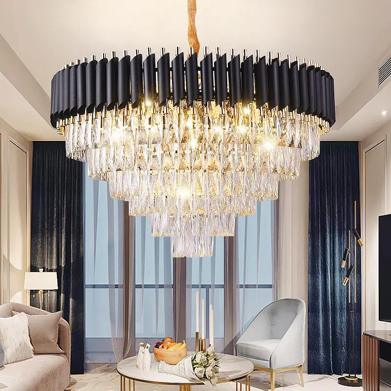 Nordic Modern Light Luxury Crystal Chandelier Hotel Living Room Restaurant Black Copper Round Lamp Holder Led Modern Chandelier