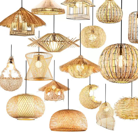 New Retro Bamboo Wicker Rattan Wave Shade Pendant Light Hanging Ceiling Lamp Fixture Bamboo Lampshade