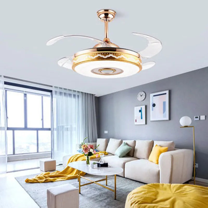 Remote Audio Switch LED Light Crystal Romantic Ceiling Invisible Fan Lighting 42'' Blades Fan Chandelier Bedroom Dining Room