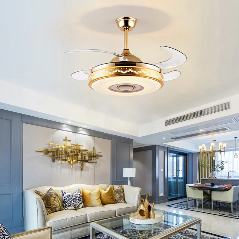 Remote Audio Switch LED Light Crystal Romantic Ceiling Invisible Fan Lighting 42'' Blades Fan Chandelier Bedroom Dining Room