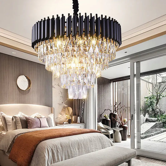 Nordic Modern Light Luxury Crystal Chandelier Hotel Living Room Restaurant Black Copper Round Lamp Holder Led Modern Chandelier